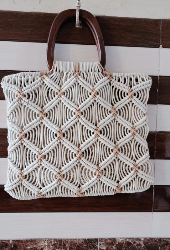 Cotton Stylish Handcrafted Macrame Bag with Wooden Handle