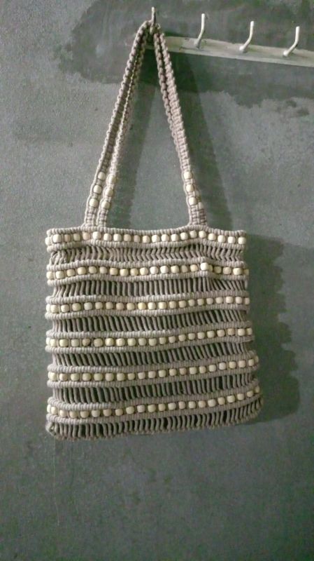 Off White Cotton Macrame Tote Bag