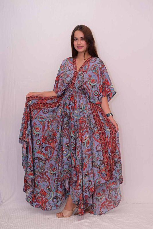 V Neck Printed Umbrella Ladies Dress