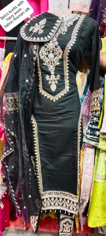 Dark Green Roman Silk Heavy Work Kurti Pant Set