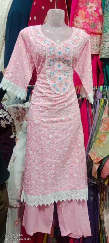 Pink Rayon Chikankari Kurti Pant Set