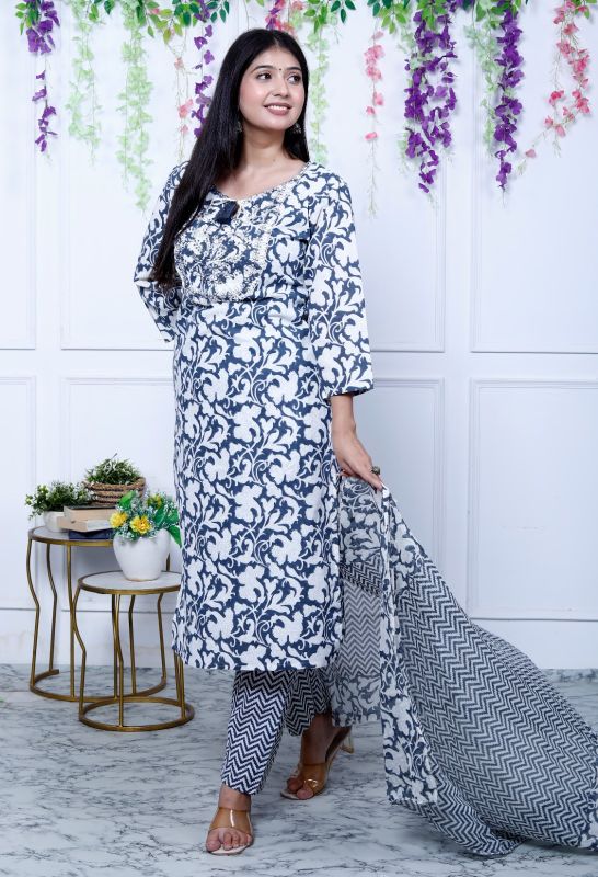 White Blue Printed Cotton Kurti Pant Set