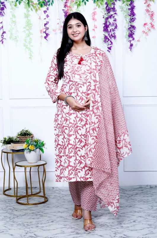 White Pink Printed Cotton Kurti Pant Set