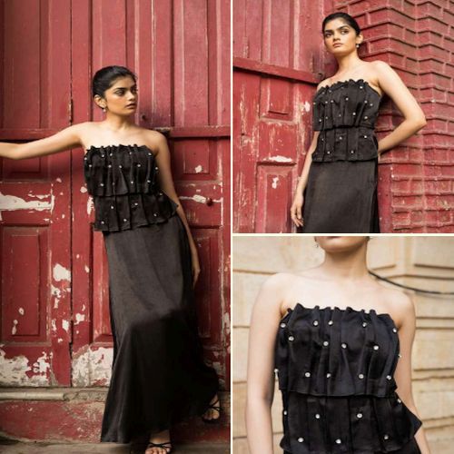 Black Elegant Off Shoulder Viscose Satin Top and Skirt Dress