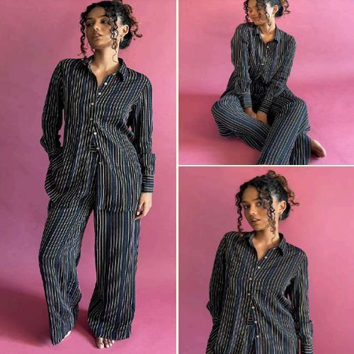 Black Strip Cotton Printed Full Sleeve Co-ord Set