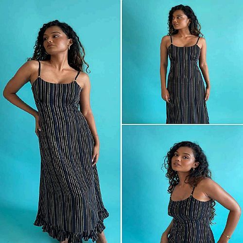 Black Striped A-Line Cowl Neck Maxi Dress