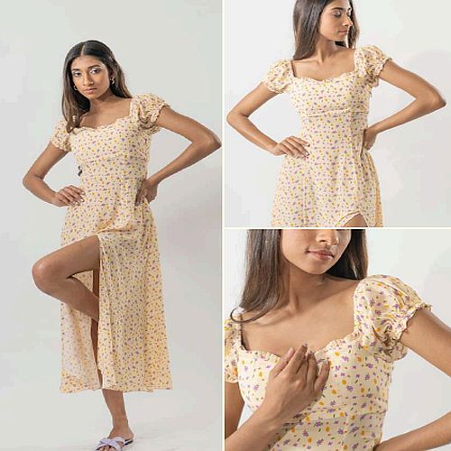 Ladies Beige Viscose Crepe Printed Puff Sleeved Dress