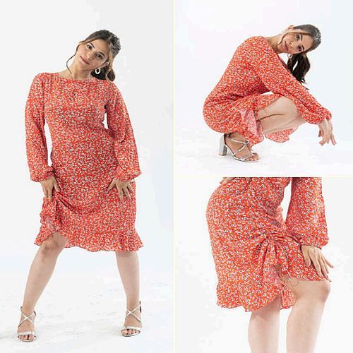 Ladies Elegant Red Floral Printed Midi Dress