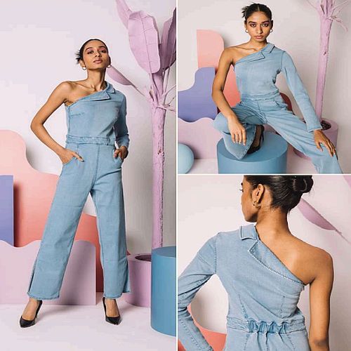Ladies Full Length Cotton Blue Denim Jumpsuit