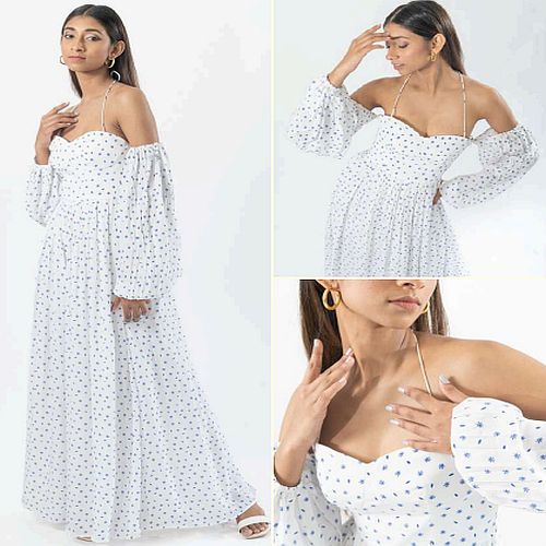 Ladies White Off Shoulder Viscose Crepe Printed Maxi Dress