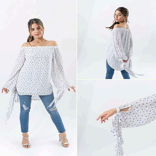 Ladies White Polka Dots Printed Off Shoulder Top