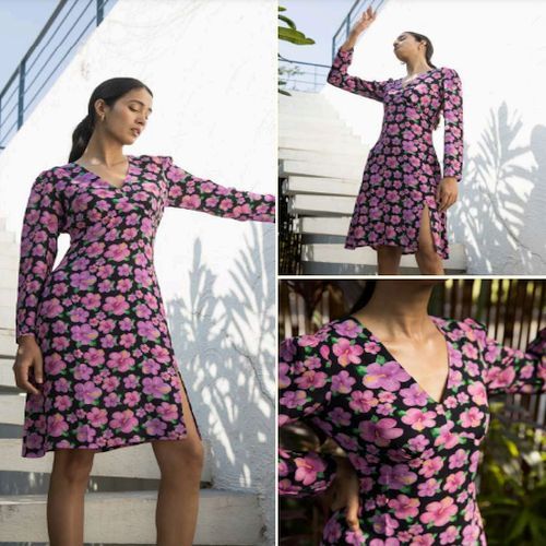 Pink and Black Floral Print A-line V Neck Midi Dress