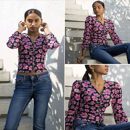 Pink and Black Floral Print Full Sleeve Crop Top