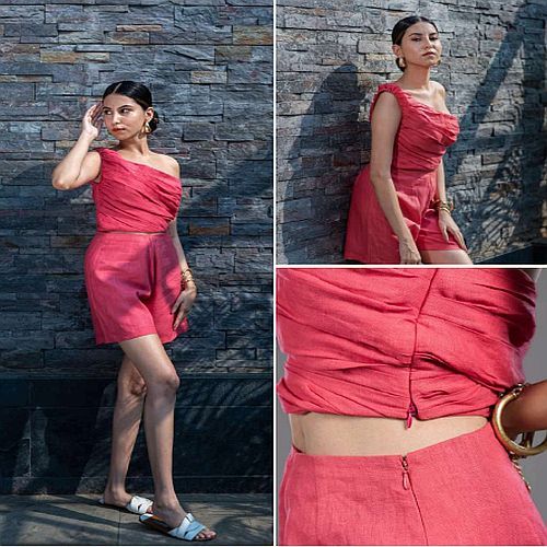 Pink Cotton One Shoulder Top and Shorts Co-Ord Set