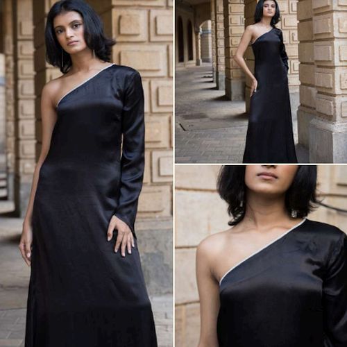 Plain Black One Shoulder Viscose Satin A-line Maxi Dress