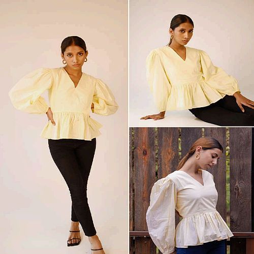 Plain Yellow Cotton Diana Peplum Top
