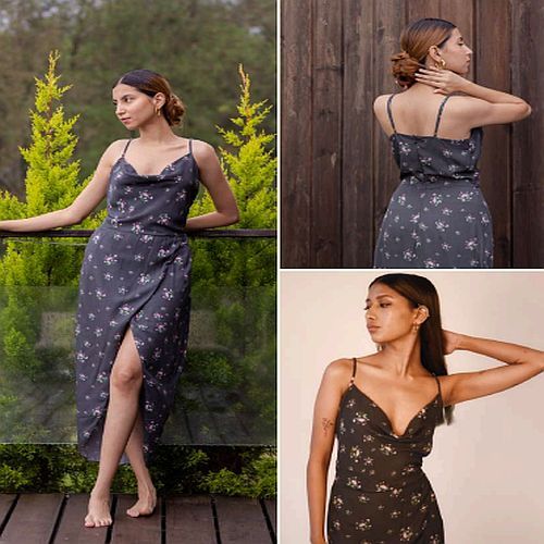 Printed Black Satin Cowl Neck Dress