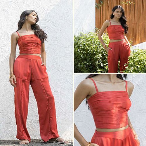 Red Cotton Crop Top with Palazzo Co-ord Set