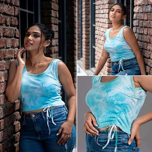 Sleeveless Women Sky Blue Viscose Satin Ribbed Crop Top