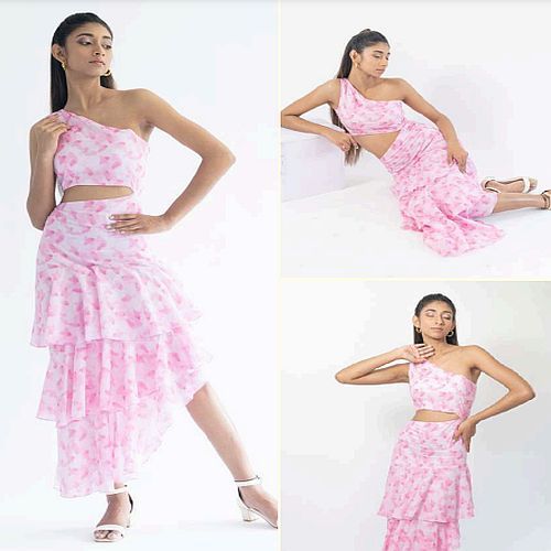 White and Pink Cotton One Shoulder Top and Skirt Co-Ord Set