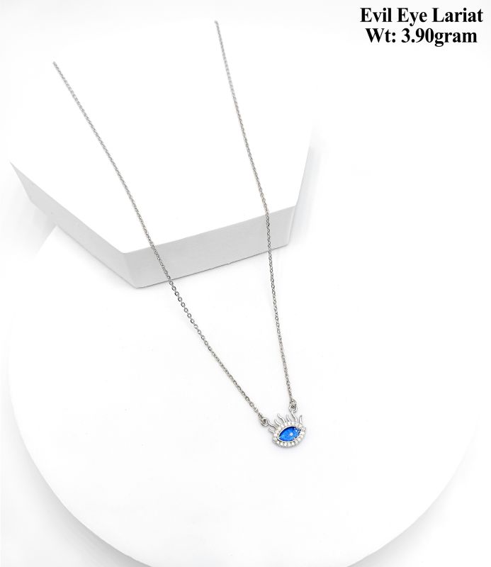 Evil Eye Lariat Silver Pendant Necklace