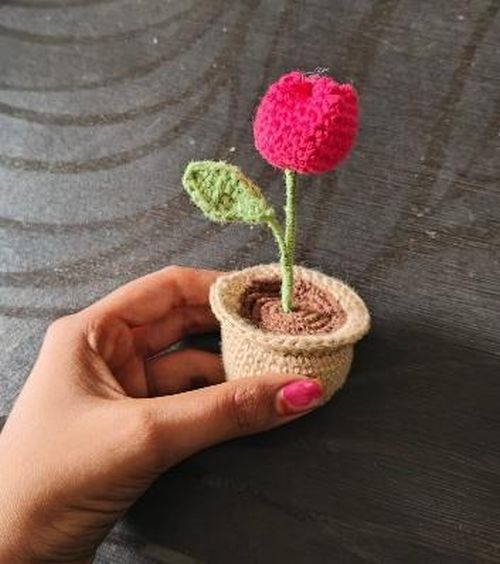 Pink Crochet Tulip Flower Pot