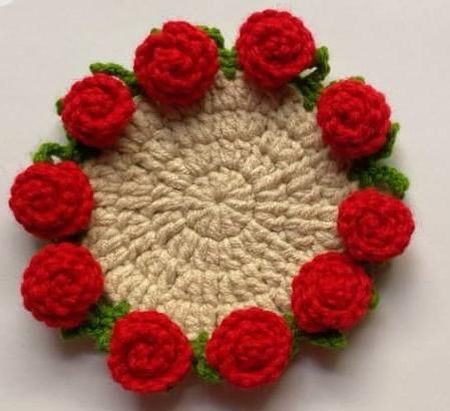 Red Rose Crochet Round Coaster