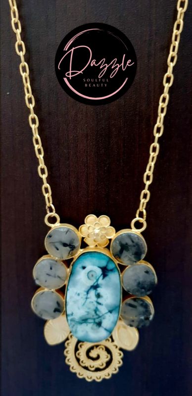 Ladies Blue Marbled Floral Gemstone Pendant Necklace