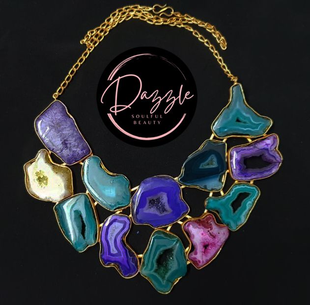 Ladies Multicolor Gemstone Slice Golden Statement Necklace