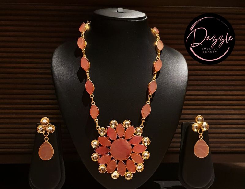 Ladies Pink Floral Golden Stone Jewelry Set