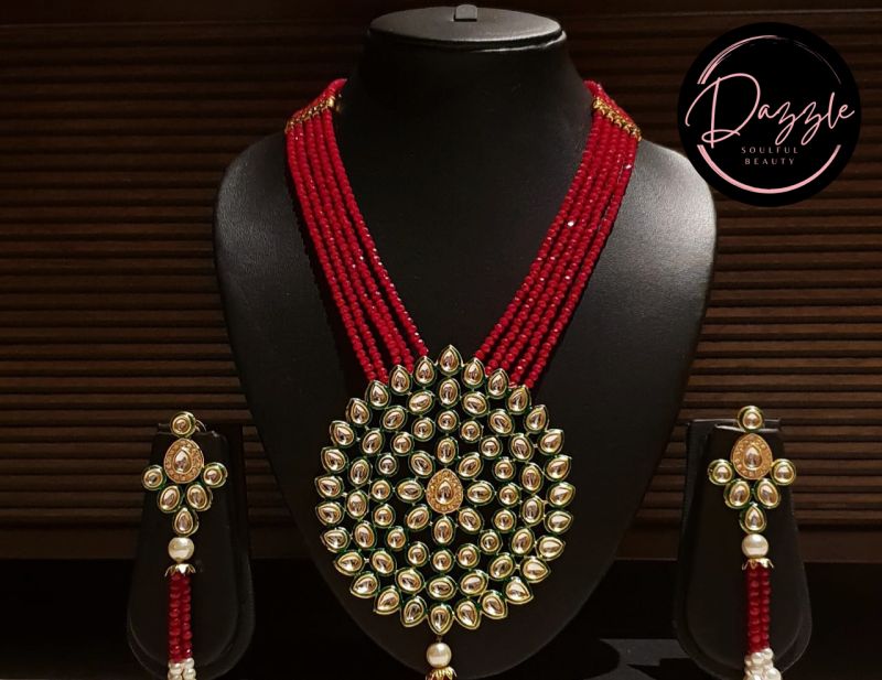 Ladies Red Bead Green Enamel Jewelry Set