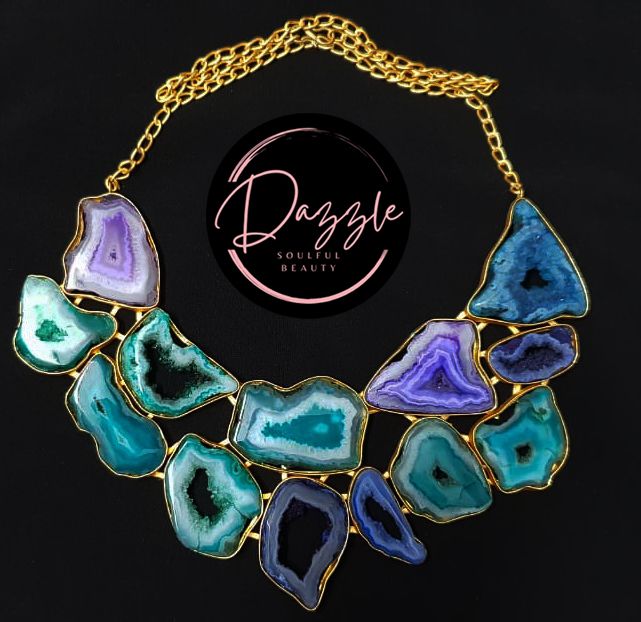 Ladies Turquoise Geode Slice Golden Statement Necklace