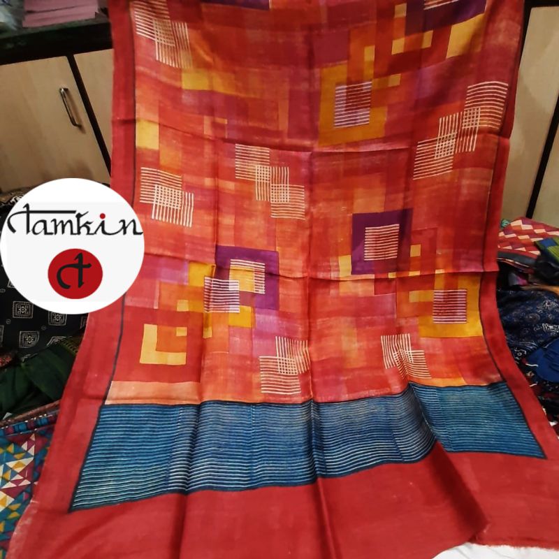 Womens Overlap Grid Tussar Silk Stole