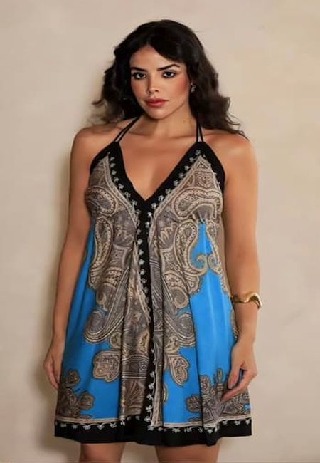 Black and Sky Blue Printed Satin Cowl Neck Mini Dress