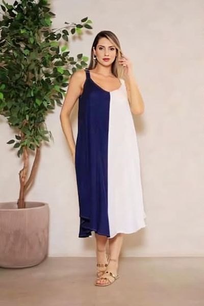 Blue and White Double Tone Cotton V Neck A-Line Midi Dress