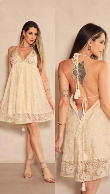 Cotton Cream Embroidered Halter Neck Mini Dress