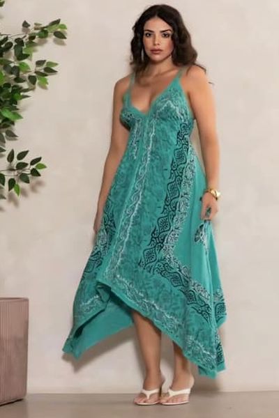 Green Cotton Printed V Neck Handkerchief Hem Dress