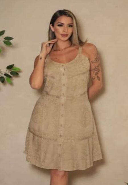 Ladies Biege Embroidered Cotton V Neck Short Dress