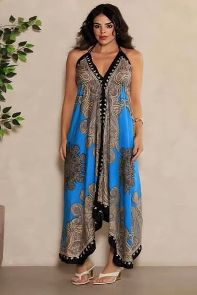 Ladies Black and Skye Blue Printed Halter Neck Silk Handkerchief Dress