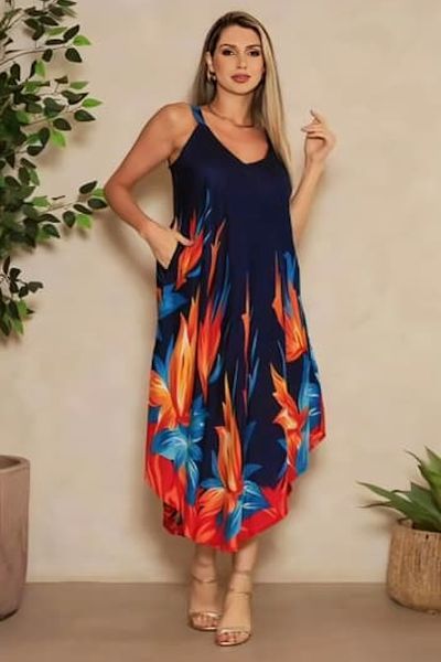 Ladies Blue Flower Printed Satin V Neck Maxi Dress