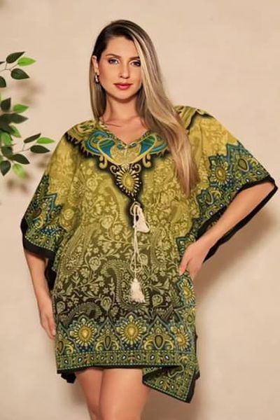 Ladies Green Rayon Printed Kaftan Kurti