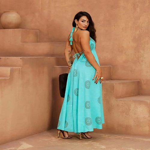 Long Light Blue Open Back Boho Maxi Dress