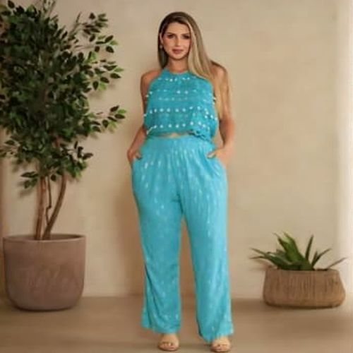 Ladies Sky Blue Halter Neck Top With Pant Co-Ord Set