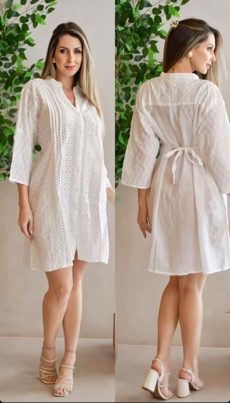 White Floral Embroidered V Neck Chikankari Cotton Straight Kurti