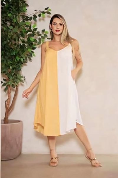 Yellow and White Double Tone Cotton V Neck A-Line Midi Dress