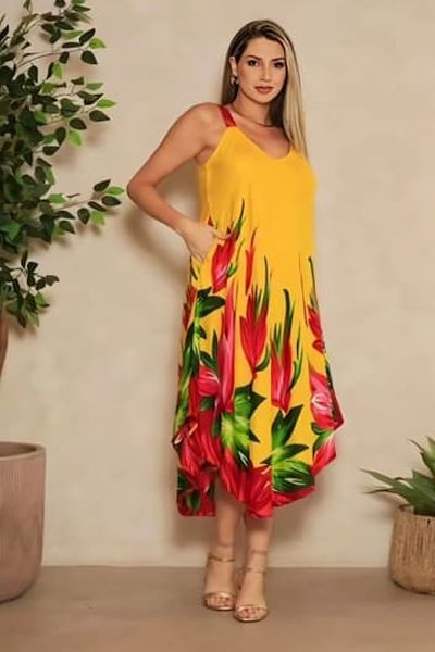 Yellow Flower Printed Satin V Neck Maxi Dress