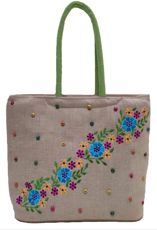 Multicolored Hand Embroidery Jute Hand Bag