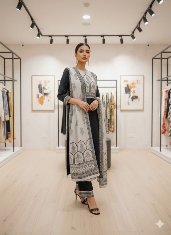 Cotton Black & White Straight Kurta Set