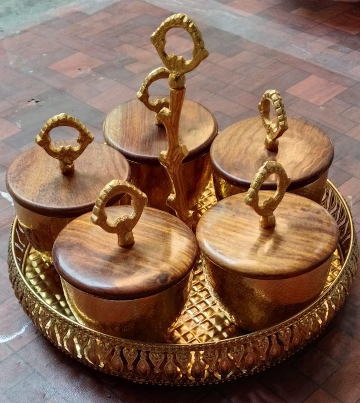 Dry Fruit Serving Metal Bowl with Wooden Lid and Wooden Tray