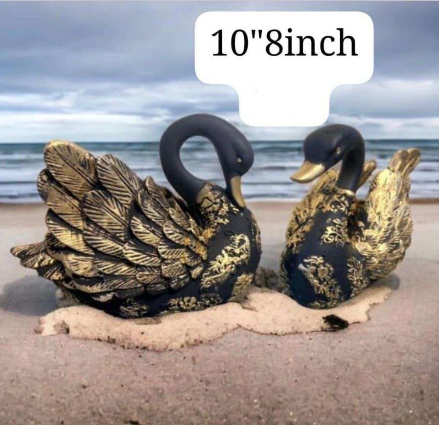 10 Inch Black Golden Swan Pair Sculpture